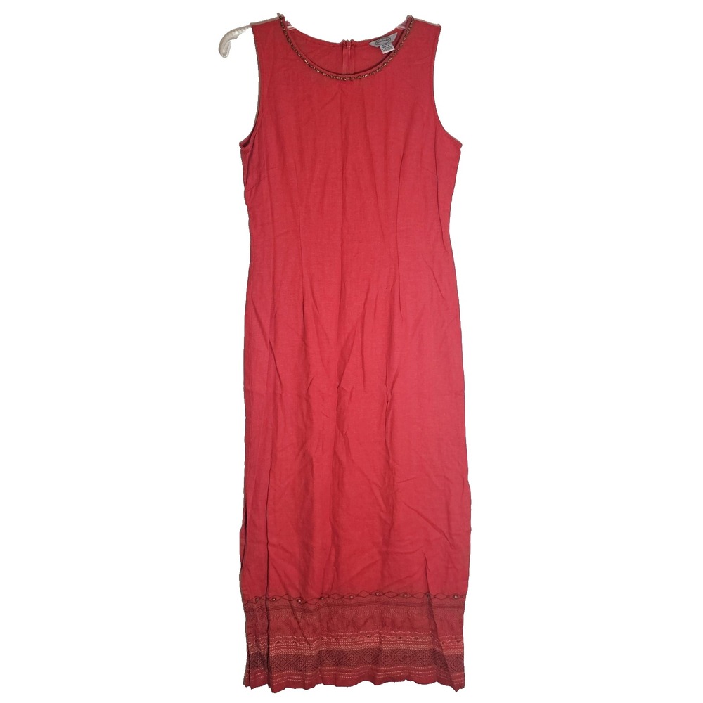 Stonebridge Dress Womens 8 Red‎ Linen Maxi Sleeveless Beaded Boho Embroidered